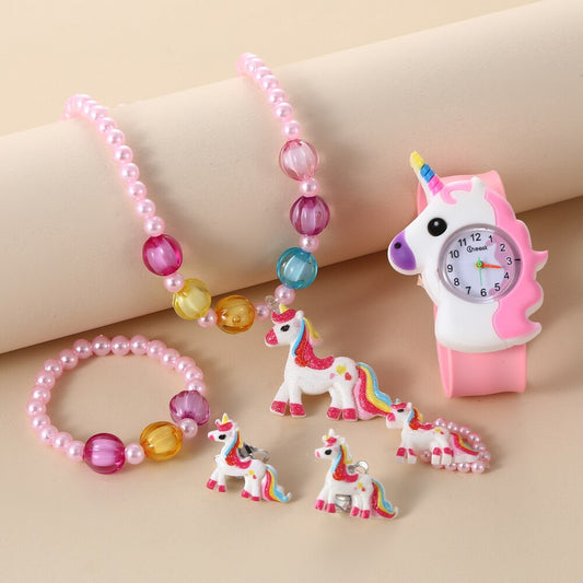 Children Rainbow Horse Patter Watch Jewelry Set Necklace Earrings Ring Bracelet