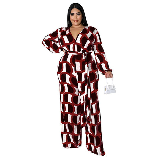 Plus Size Women 5xl Jumpsuits Long Sleeve One Piece Outfit Fashion v Neck Print