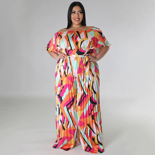 Perl Plus Size Off The Shoulder Loose Jumpsuits and Rompers for Women Printed O