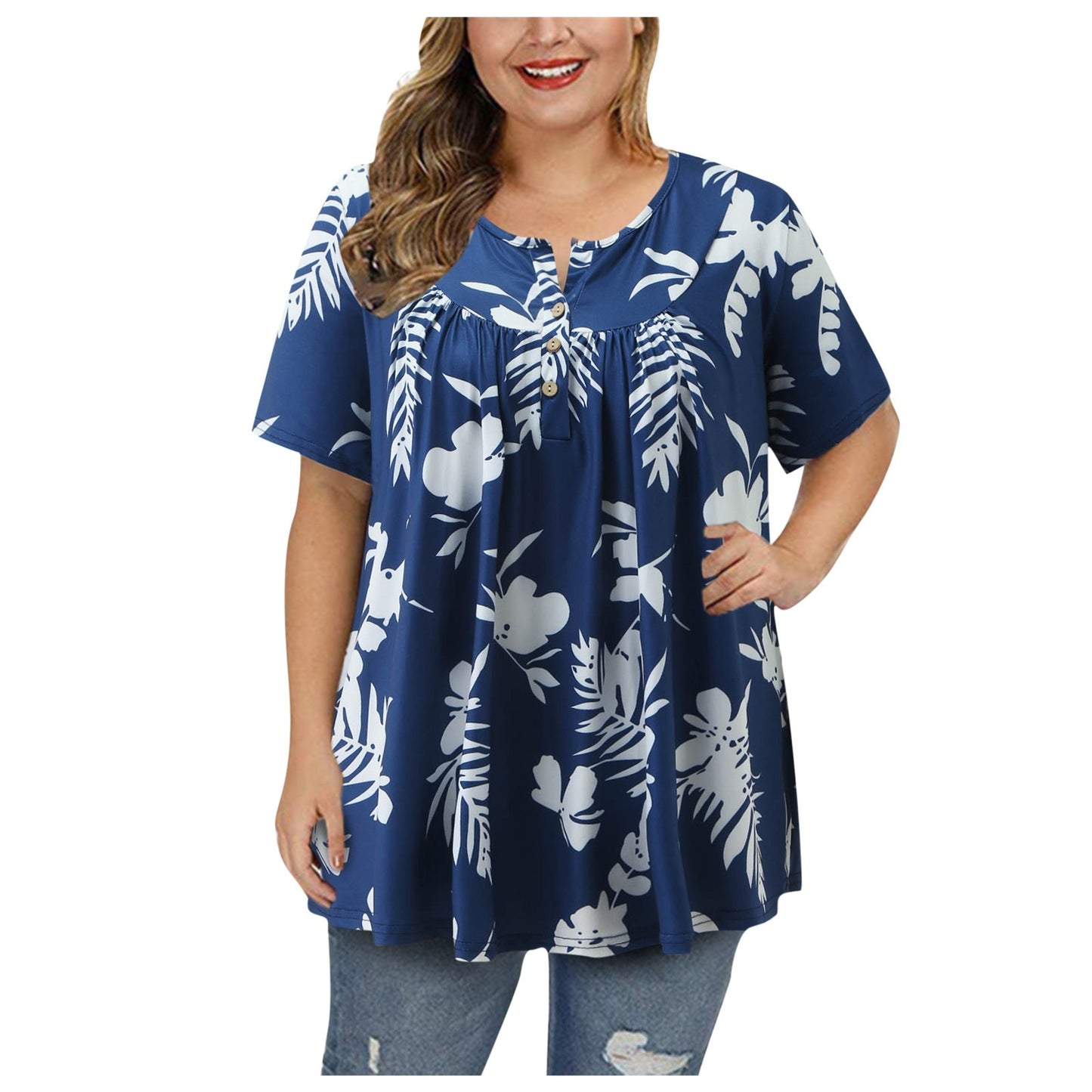 Plus Size Flower Print Tops Women's Casual Floral Blouse V Neck Button Up Tunic