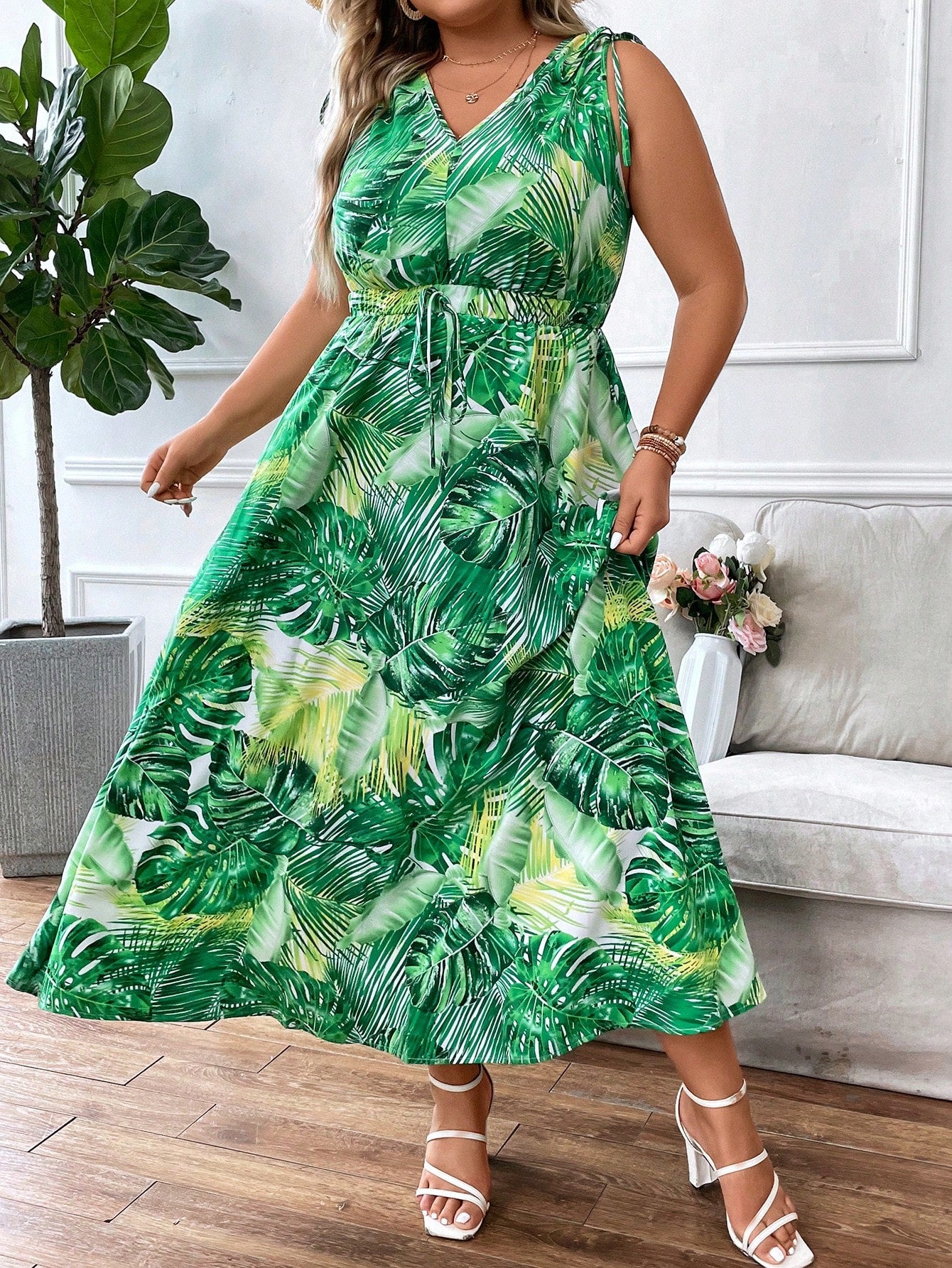 Plus Tropical Print Tie Shoulder Dress