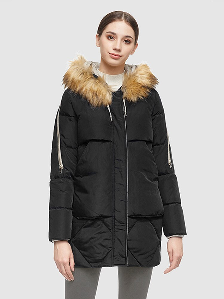 Orolay Women's Thickened Mid-Length Down Jacket with Removable Fur Hood