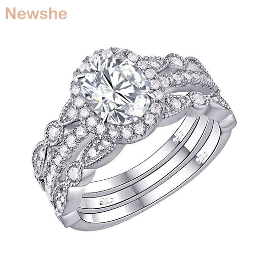 Newshe 3 Pieces 925 Sterling Silver Oval Engagement Ring Bridal Set for Women AA