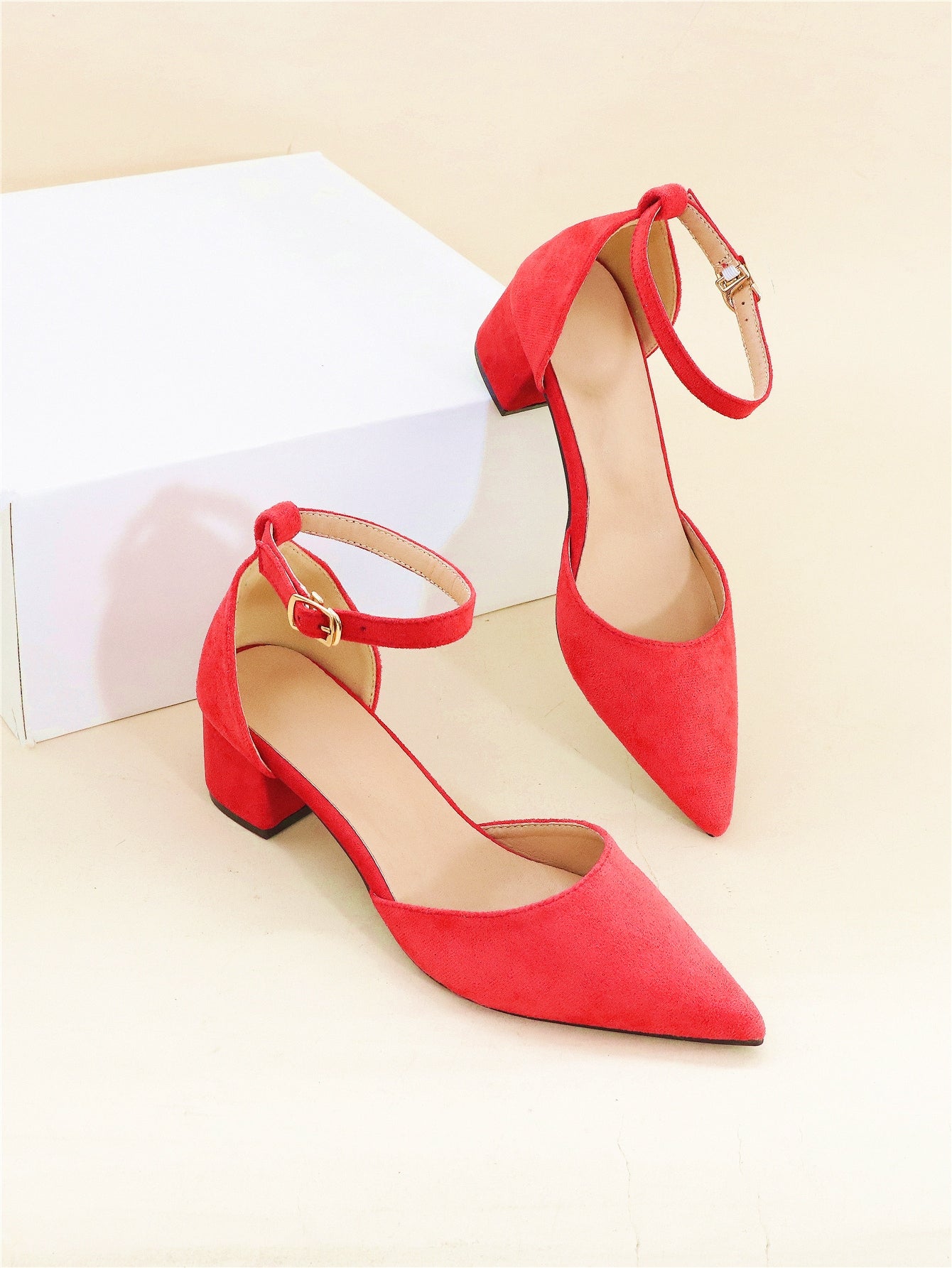 Faux Suede Point Toe Chunky Heeled Ankle Strap Pumps