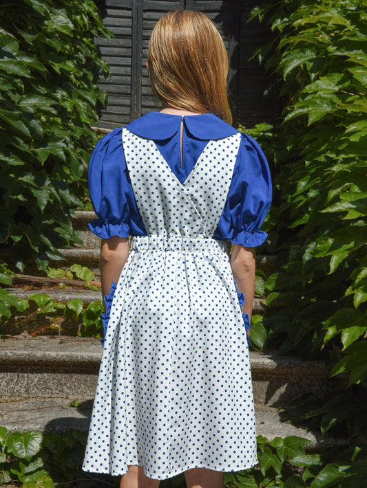 Girls Peter Pan Collar Blouse & Polka Dot Ruffle Trim Overall Dress