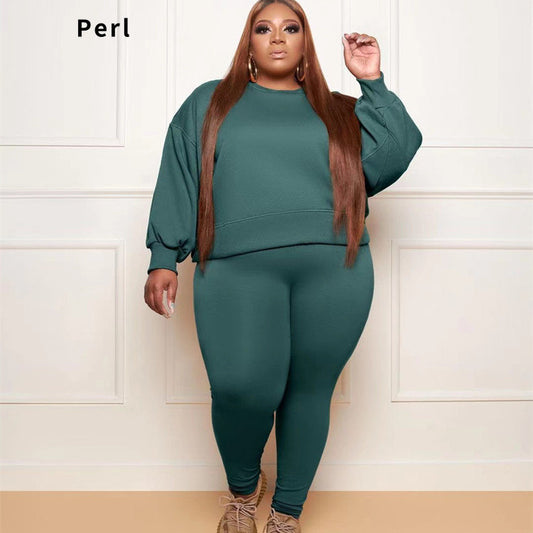 Perl Plus Size Solid Elastic Two Piece Set Women Outfit Full Sleeve Top+pencil