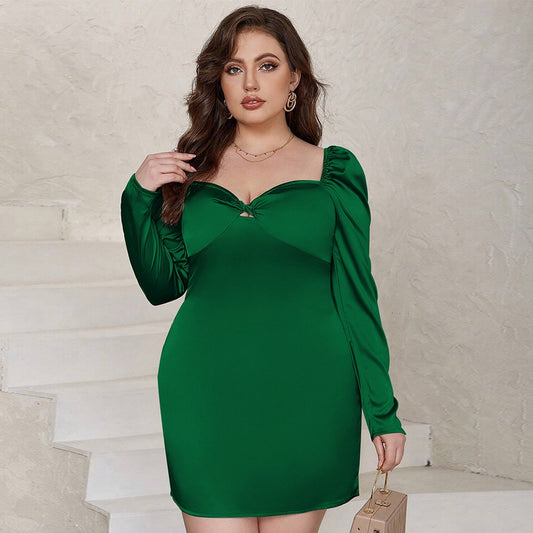 Perl Plus Size Satin Green Full Sleeve Curved Dress for Women Elegant Party Spe