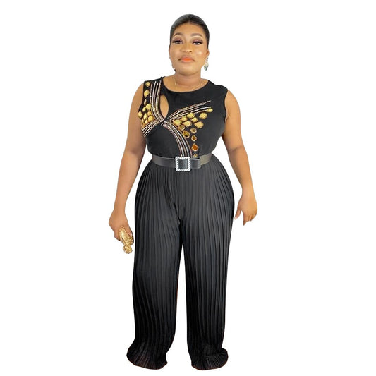 Plus Size Women Jumpsuit Sleeveless Rhinestone One Piece Outfit Summer Lady Casu