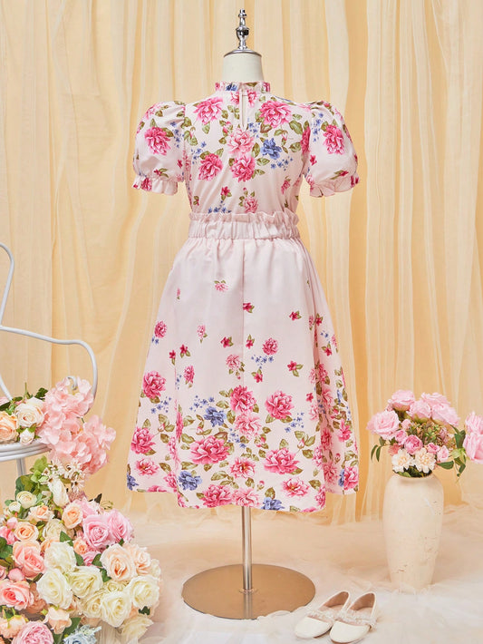 Teen Girls Floral Print Puff Sleeve Top & Paperbag Waist Skirt