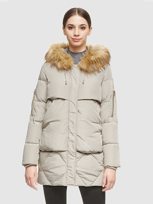 Orolay Women's Thickened Mid-Length Down Jacket with Removable Fur Hood