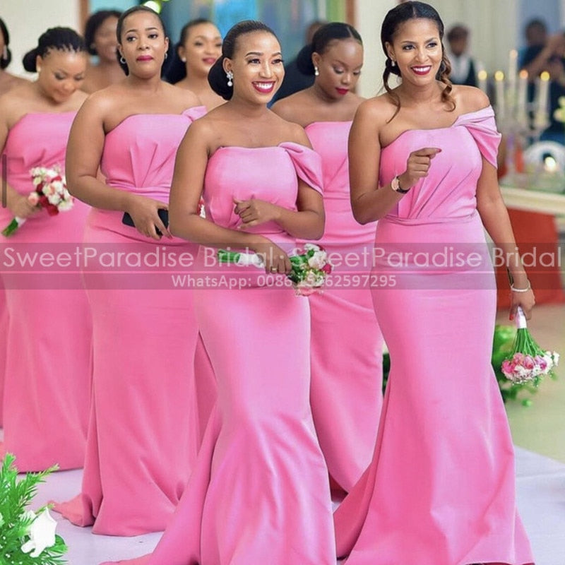 One Shoulder Mermaid Bridesmaid Dresses Long Pink Satin African Girls Cheap Trum