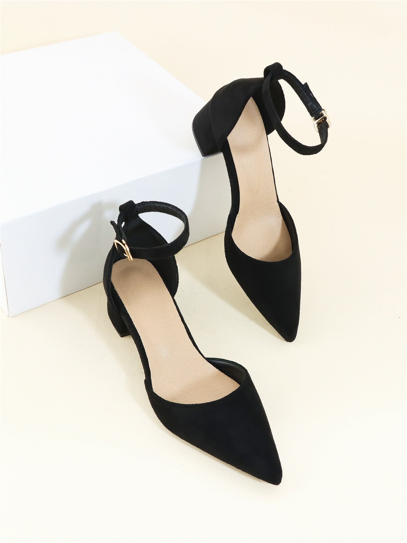 Faux Suede Point Toe Chunky Heeled Ankle Strap Pumps