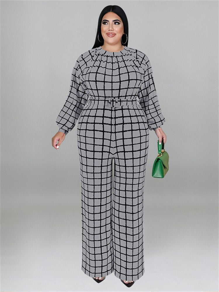 Wmstar Plus Size Jumpsuit Women With Belt Plaid One Piece Outfits Casual Wide Le