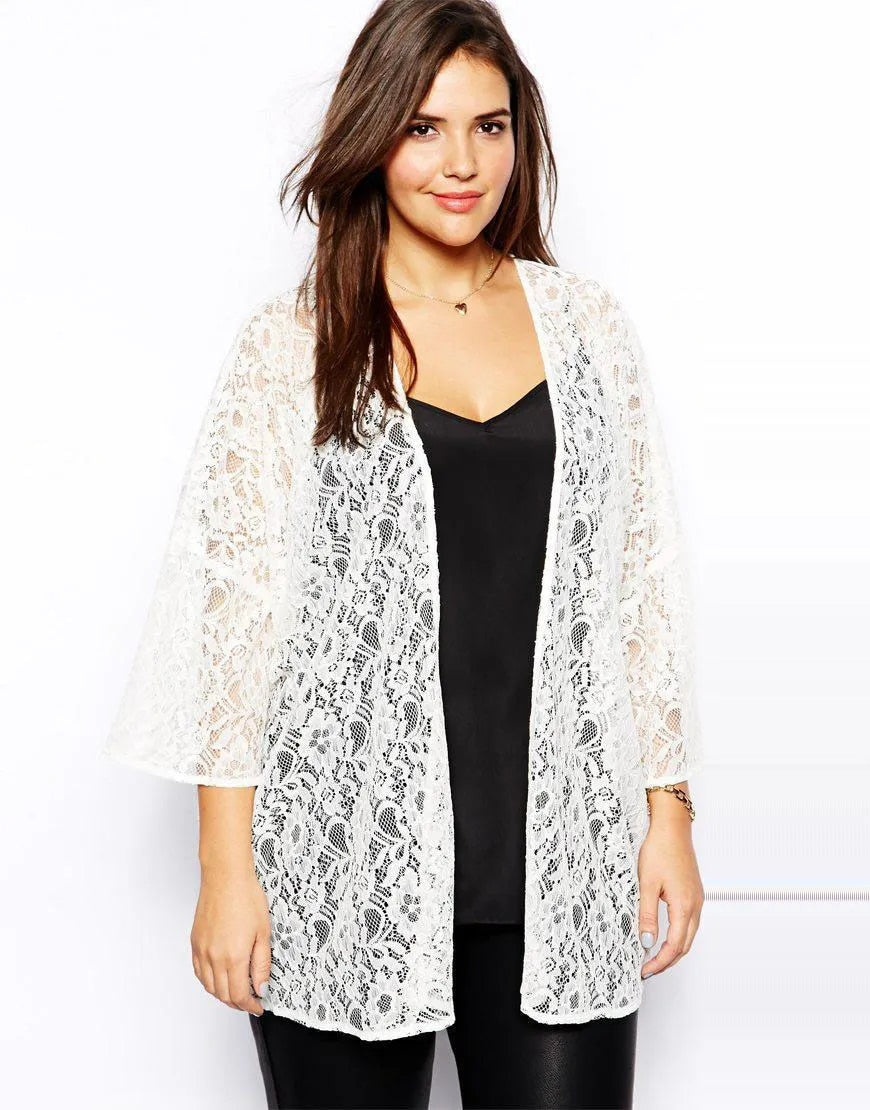 Plus Size Open Front Lace Cardigan Long Sleeve Solid Loose Drop Shoulder Cotton