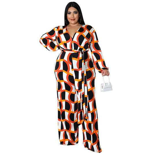 Plus Size Women 5xl Jumpsuits Long Sleeve One Piece Outfit Fashion v Neck Print