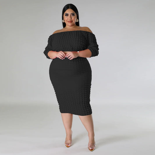 Perl Plus Size Popcorn Long Sleeve Off Shoulder Top+long Skrit Suit Curved Two