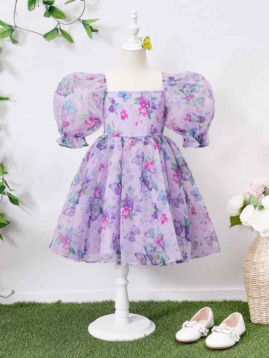 Girls Floral and Butterfly Print Puff Sleeve Organza Dress