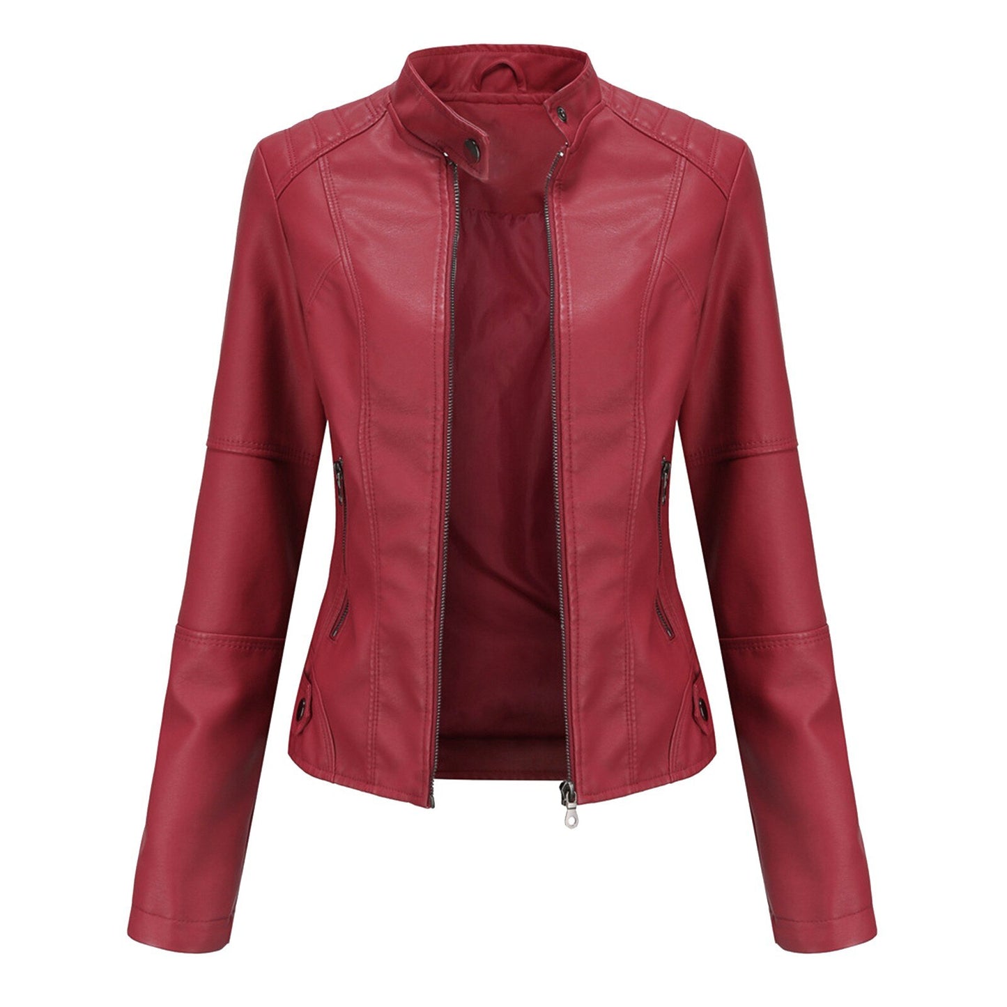 Women's Leather Jacket Solid Colour Long Sleeve Coat Stand Up Collar Zip Slim