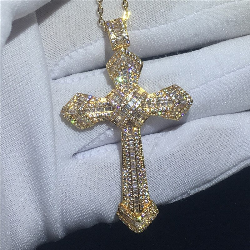 14K Gold Long Diamond Cross Pendant 925 Sterling Silver Party Wedding