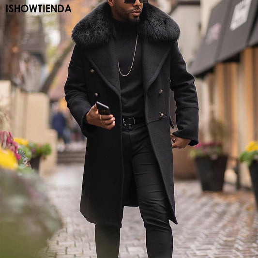 Men Lapel Coat Casual Warm Winter Coat Long Cotton Coat Blend Pure Color Casual