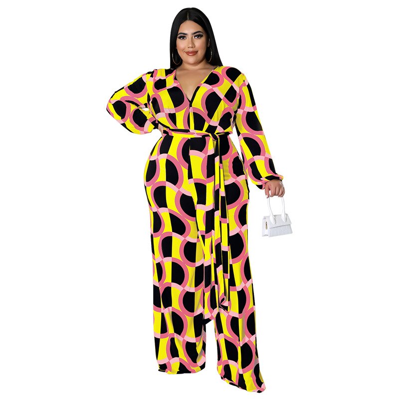 Plus Size Women 5xl Jumpsuits Long Sleeve One Piece Outfit Fashion v Neck Print