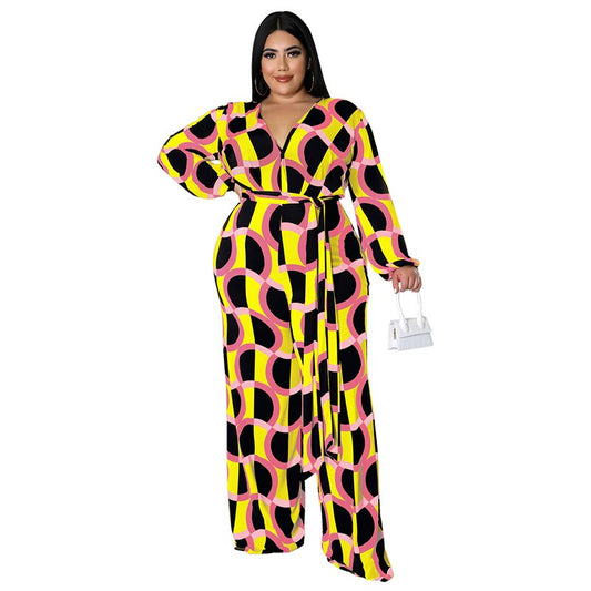 Plus Size Women 5xl Jumpsuits Long Sleeve One Piece Outfit Fashion v Neck Print