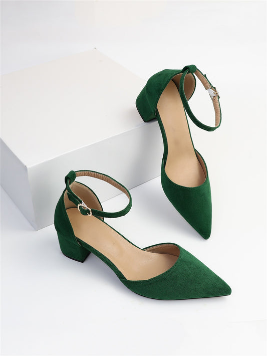 Faux Suede Point Toe Chunky Heeled Ankle Strap Pumps