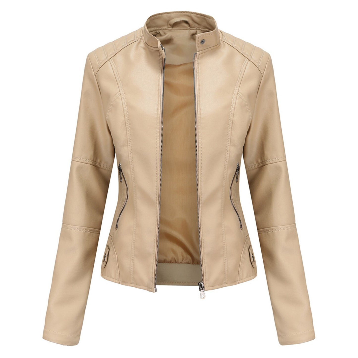 Women's Leather Jacket Solid Colour Long Sleeve Coat Stand Up Collar Zip Slim