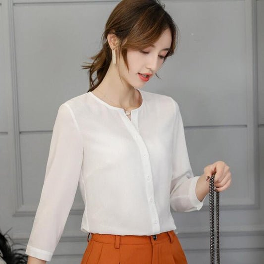 Women Slim Thin Chiffon Shirt Female Spring Summer Pure Color Fashion Leisure