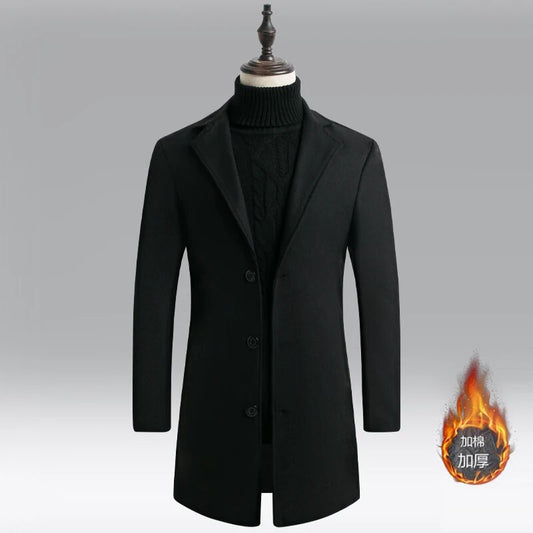 Korean Style Men Trench Coat Lapel Buttons Woolen Coat Casual Overcoat Jackets