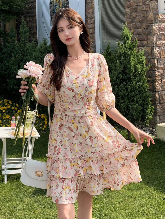 DAZY Allover Floral Puff Sleeve Ruffle Hem Dress