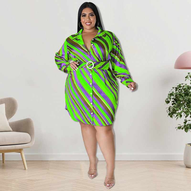 Perl Plus Size Women Dress Stripe Full Sleeve Outfit with Belt One Piece T-shir