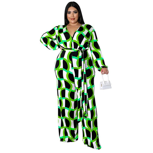 Plus Size Women 5xl Jumpsuits Long Sleeve One Piece Outfit Fashion v Neck Print