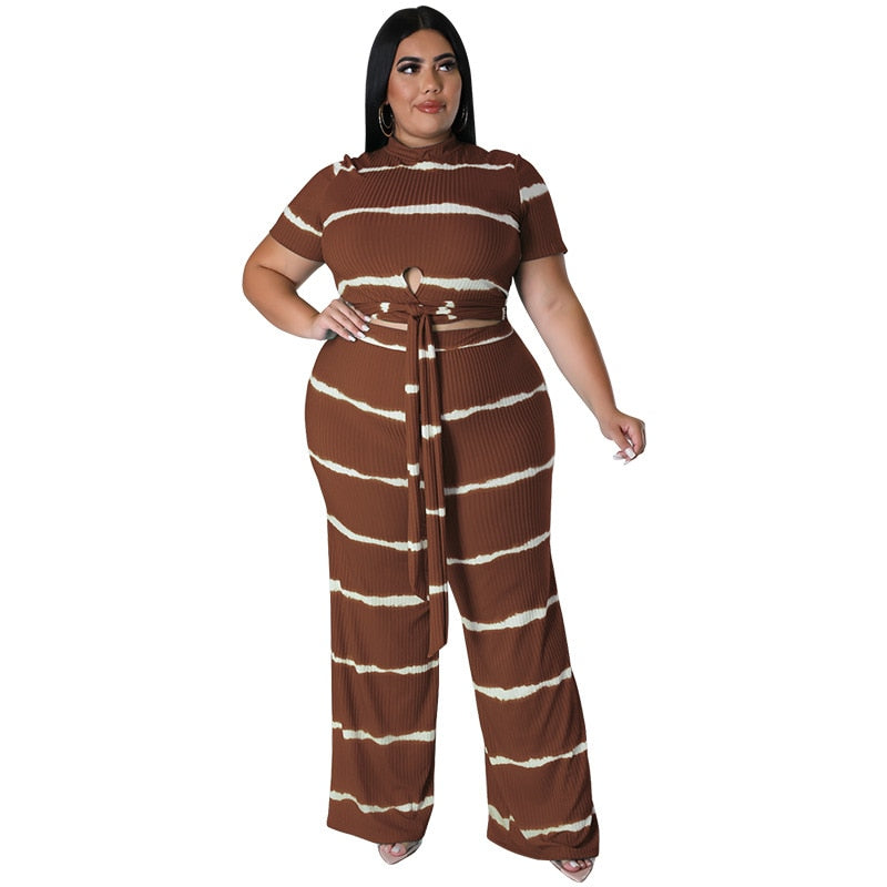 Perl Stripe Plus Size Two Piece Sets Short Loose Women Summer Outfits Casual Fe