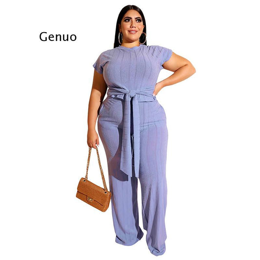 Plus Size 4Xl 5Xl Vintage Wide Leg Jumpsuit Two Pieces Sets Rompers Short Sleev