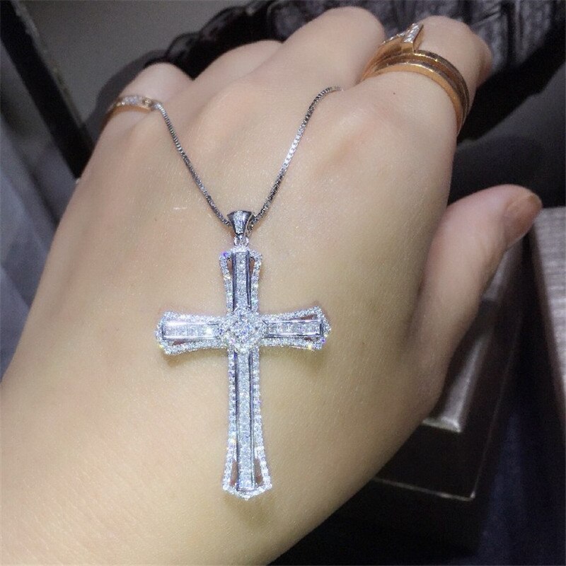 14K Gold Long Diamond Cross Pendant 925 Sterling Silver Party Wedding