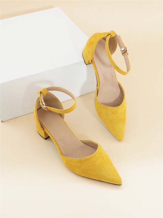 Faux Suede Point Toe Chunky Heeled Ankle Strap Pumps