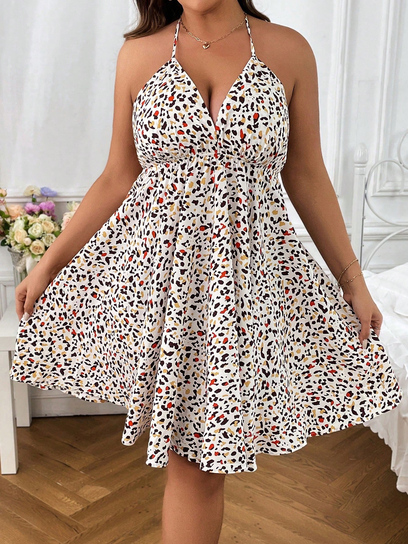 Plus Allover Print Tie Backless Halter Dress