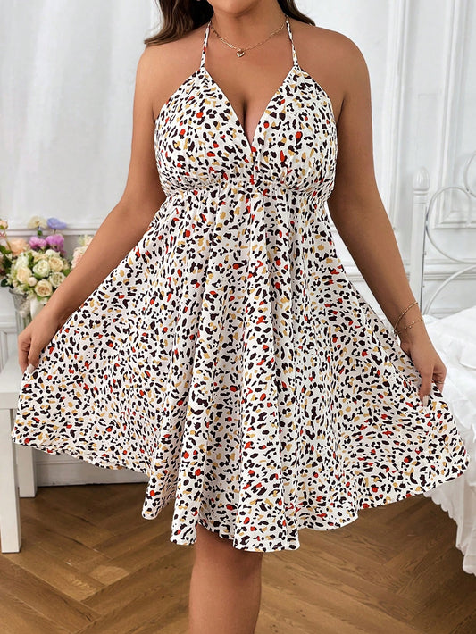 Plus Allover Print Tie Backless Halter Dress