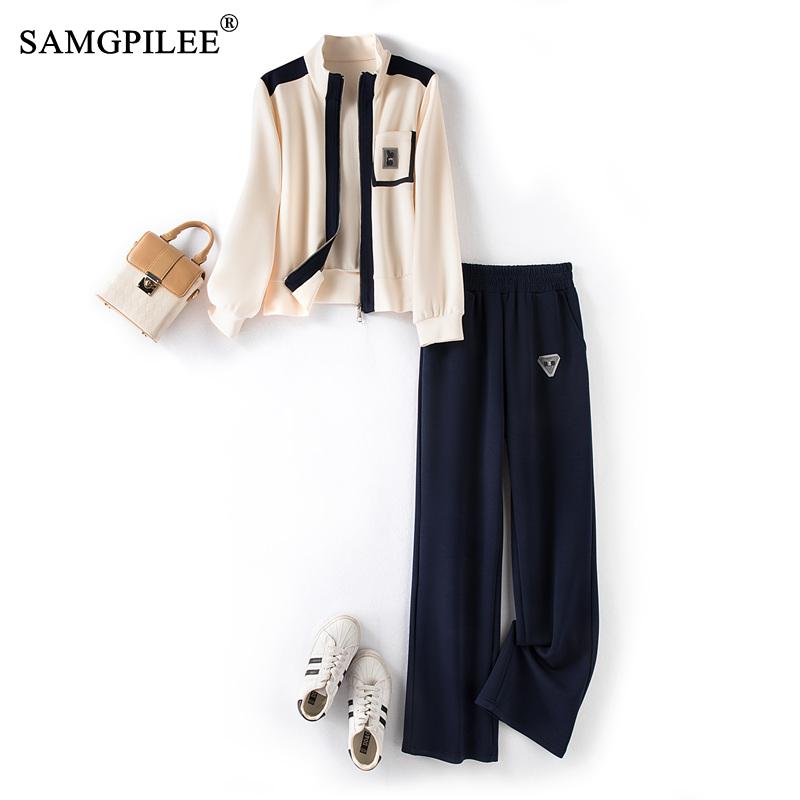 Casual Tracksuit Women Two Piece Set 2023 Spring Contrast Color Cardigan Sweate