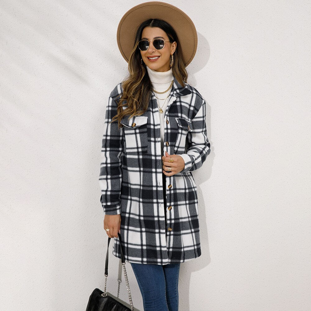 2023 New Products Autumn And Winter Women's Suit Collar Plaid Long Women's