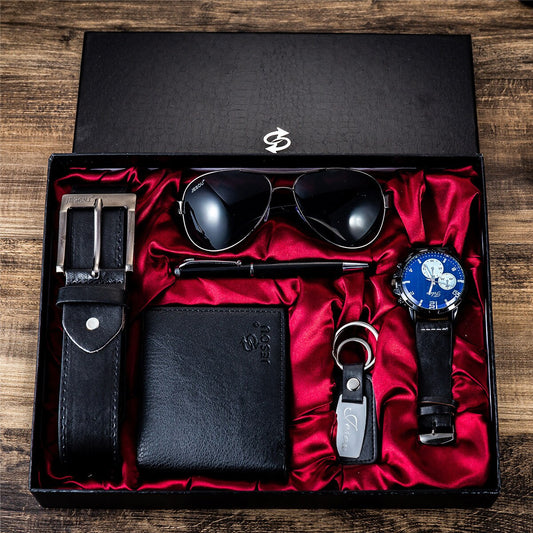 Gift Business Luxury Company Mens Set 6 in 1 Watch Glasses Pen Keychain Belt Pu