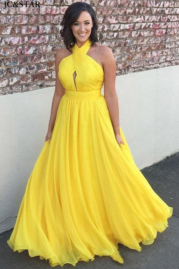 Yellow Chiffon Country Bridesmaid Dresses Floor Length Backless Maid of Honor Dr