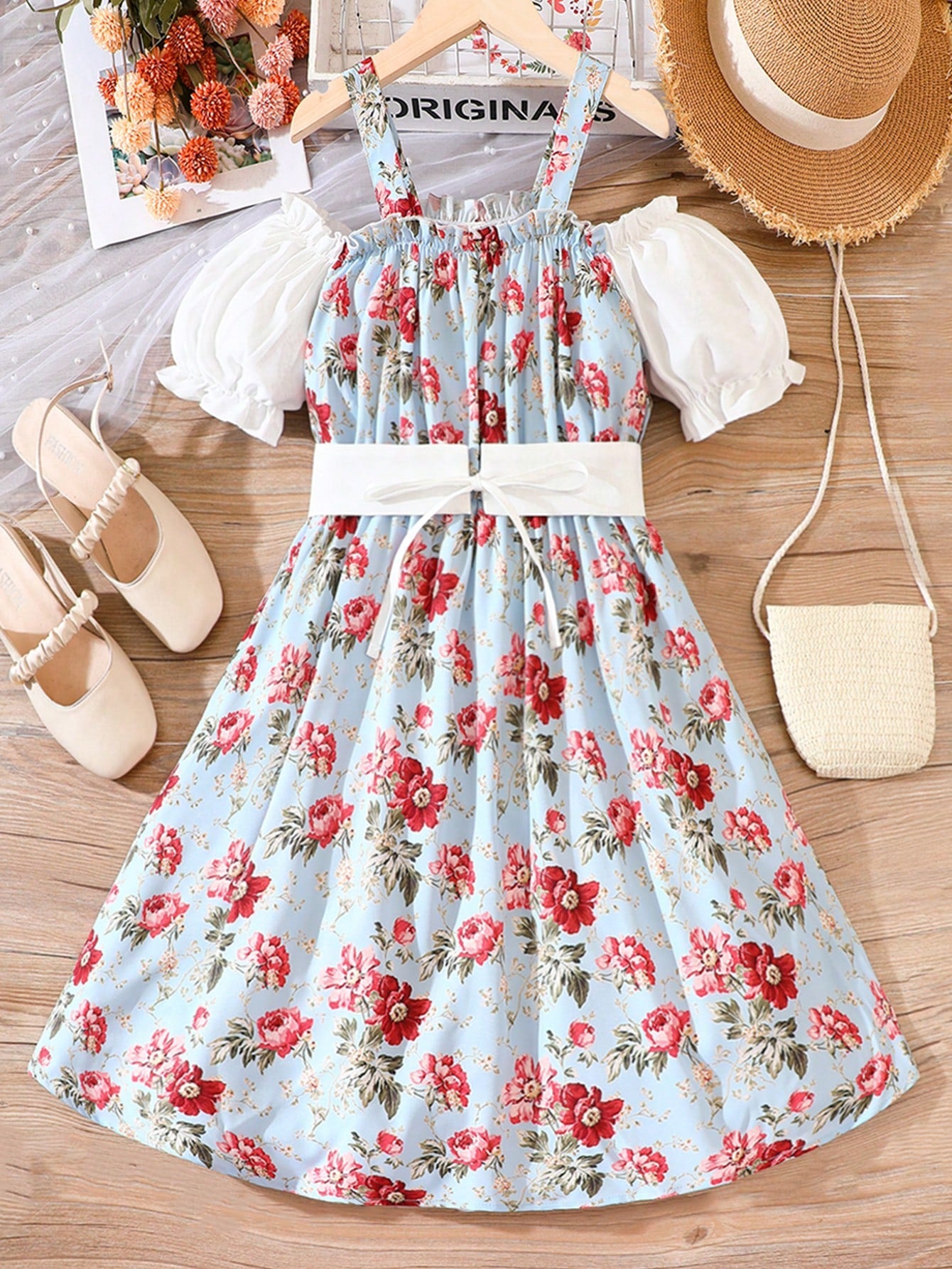 Kids CHARMNG Girls Floral Print Cold Shoulder Puff Sleeve Dress