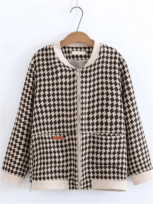 Plus Size Women's Clothing Jackets Spring And Autumn Plait With Checkered Patte