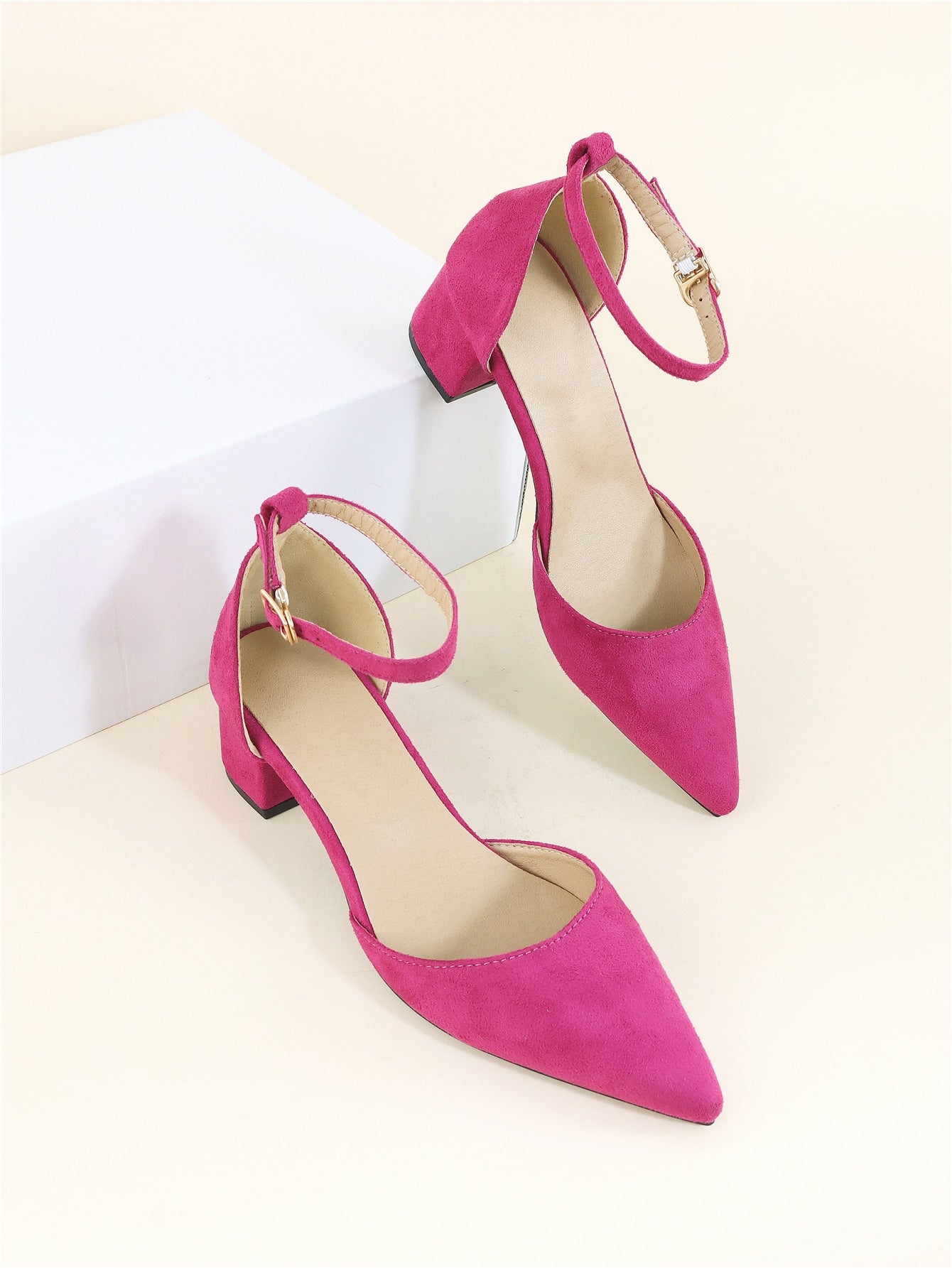 Faux Suede Point Toe Chunky Heeled Ankle Strap Pumps