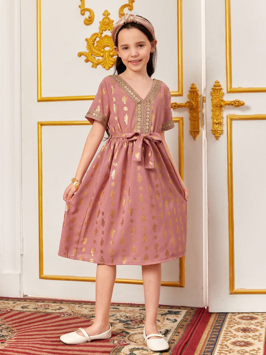 Kids Nujoom Girls Gold Floral Print Contrast Guipure Lace Tape Dress