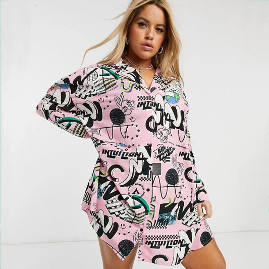 Plus Size Cartoon Print Drop Shoulder Casual Shirt Women Long Sleeve Loose Butt