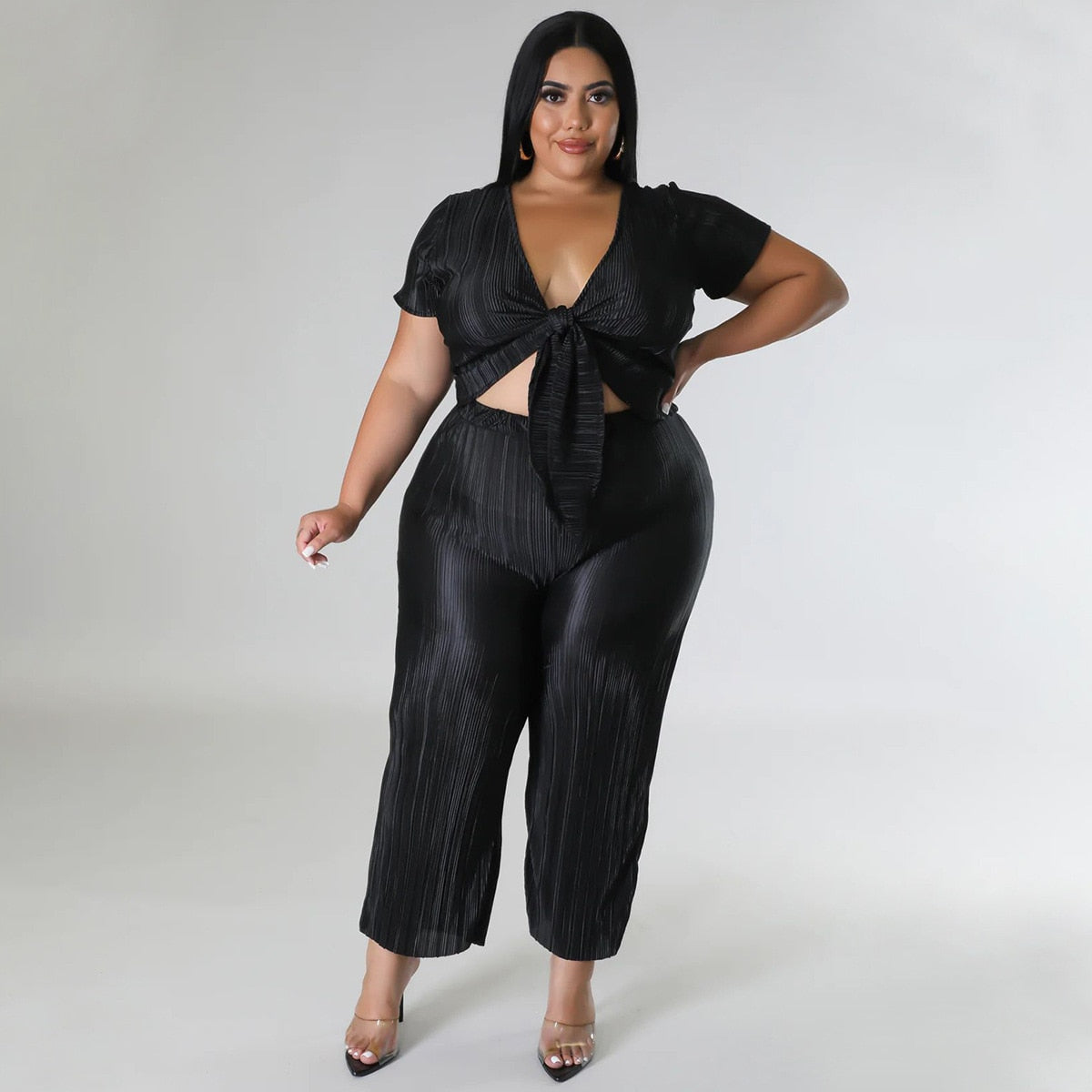 Perl Plus Size Women Clothing 2 Piece Sets Pleated Matching Set Bandage Crop To