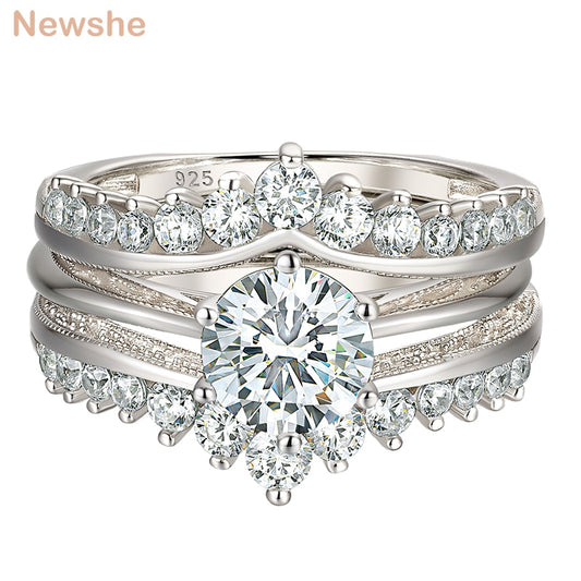 Newshe Luxury Solid 925 Sterling Silver Wedding Engagement Rings Set For